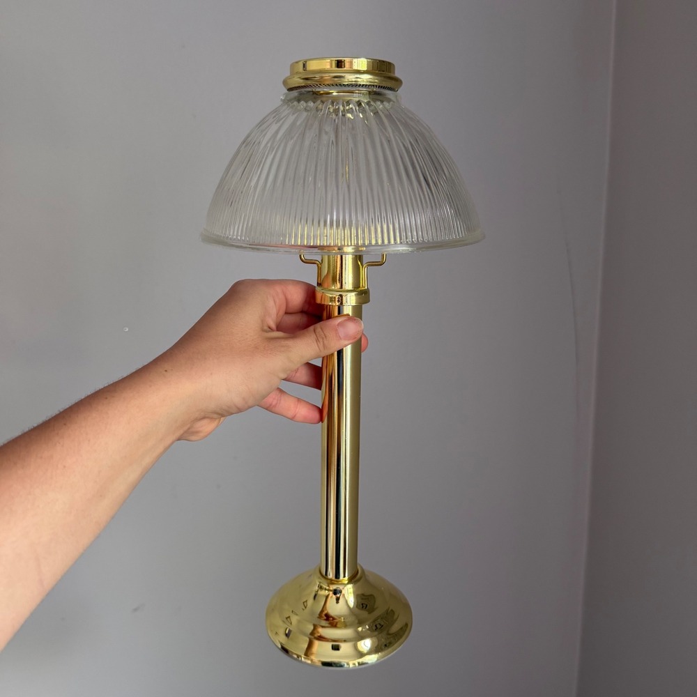 PartyLite Brass Candle Lamp Gold Tone Ribbed Glass Shade Tealight Holder Vintage